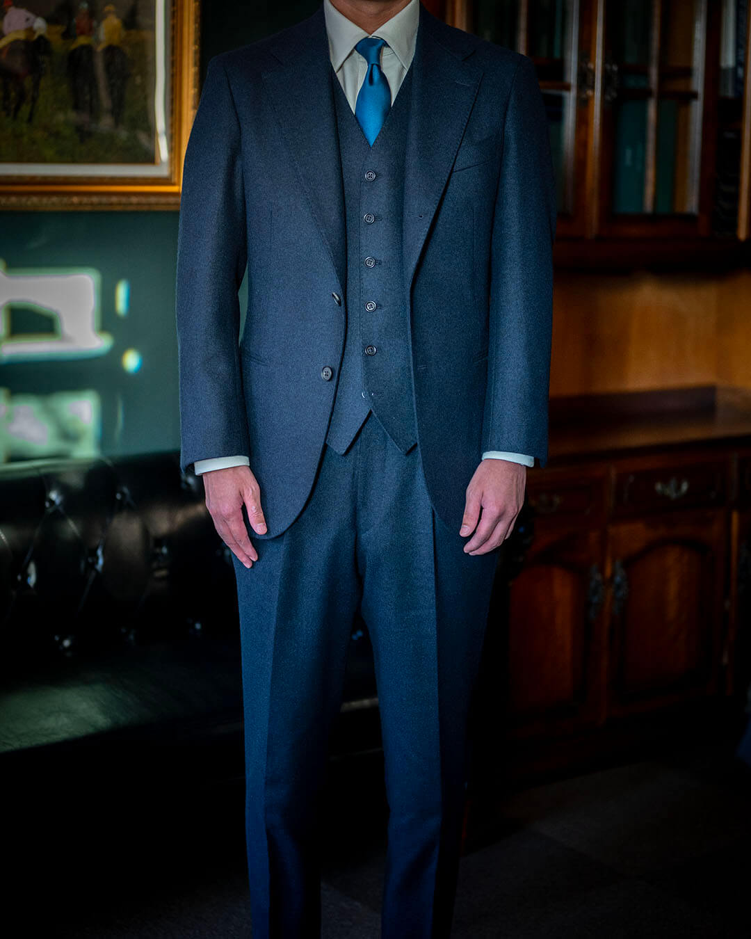 【T様冬の装い】英国フランネルスーツとキャバリーツイルバルカラーコート